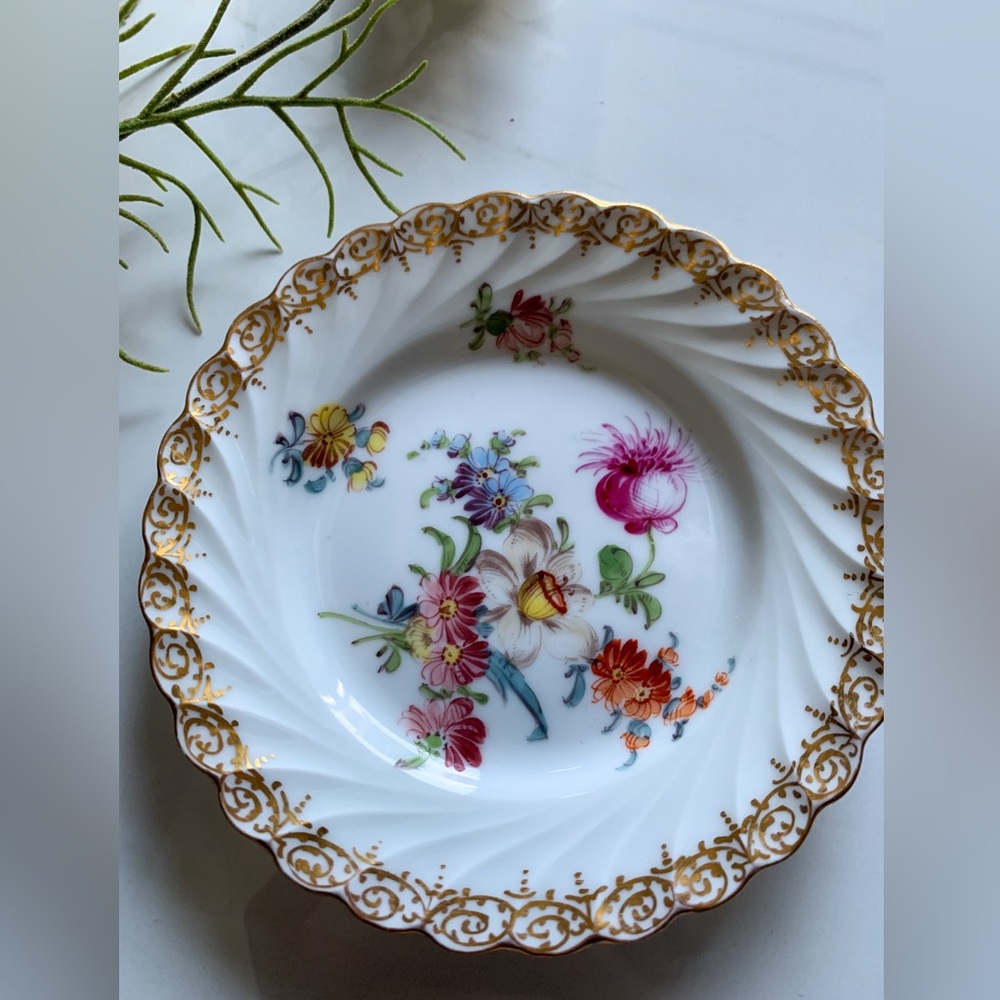 Vintage Dresden Porcelain Floral Saucer Trinket Dish Dainty Gold Detailing